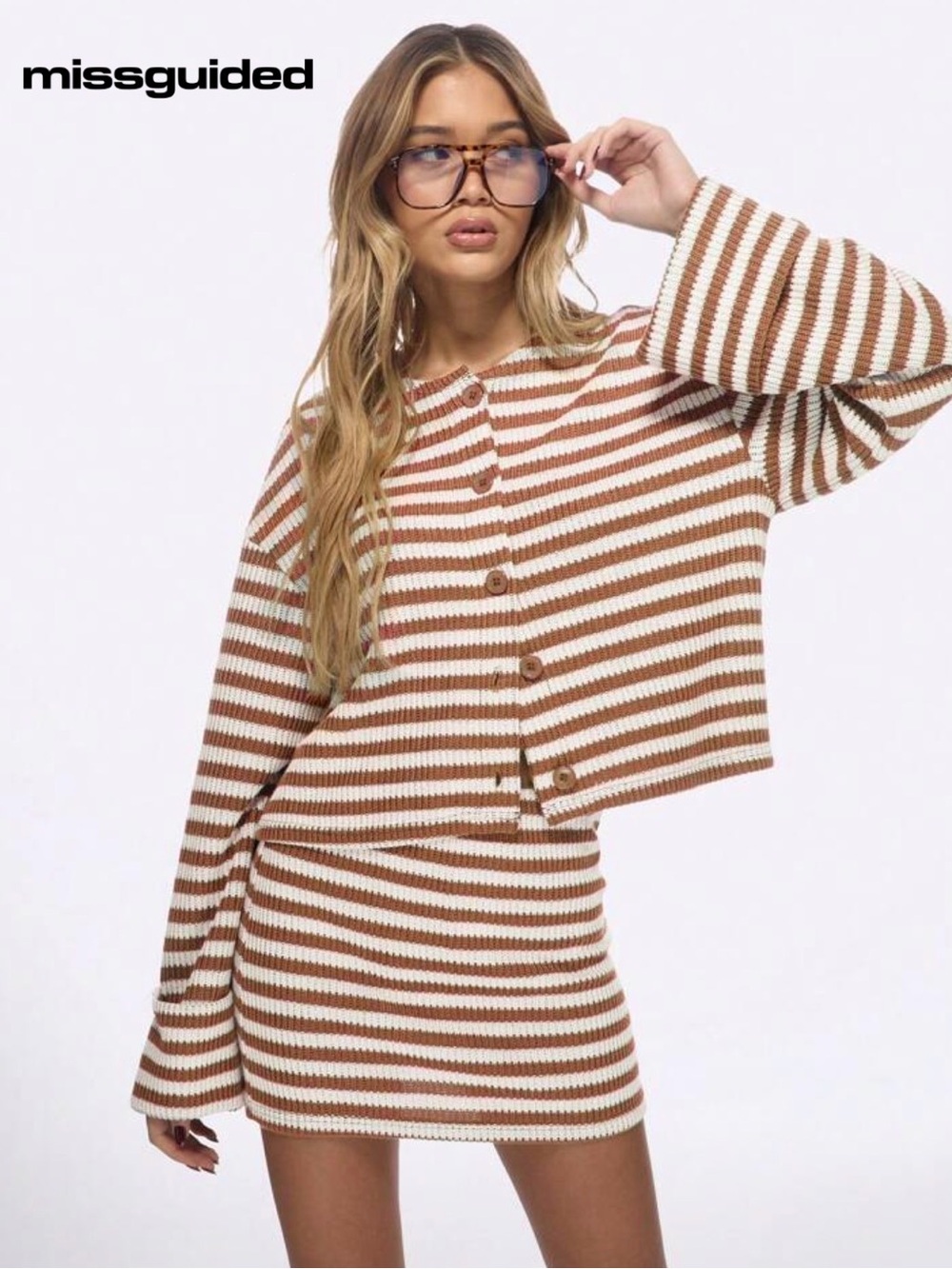 Missguided Brown & Cream Striped Ribbed Knit Cardigan and Skirt Set